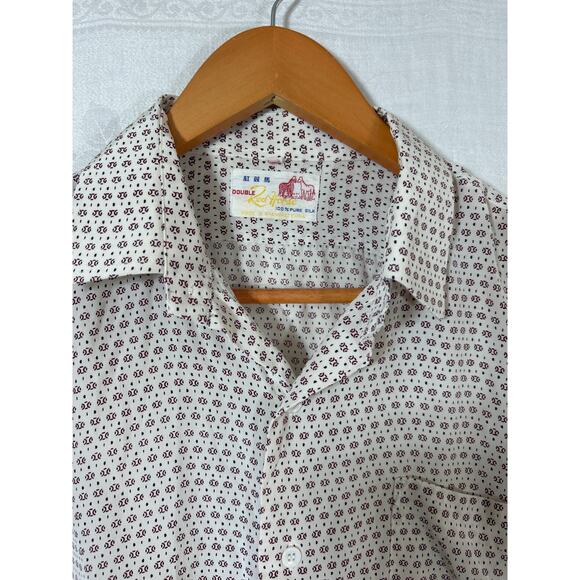 Vintage Double Red Horse Button Up 15 1/2 Cream Red Print 100% Pure Silk - Picture 3 of 9